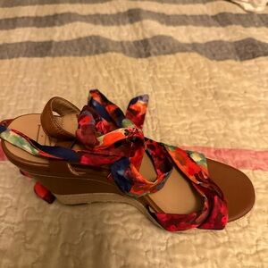 Colorful wedge sandals that ties up your legs, never been worn, no box.